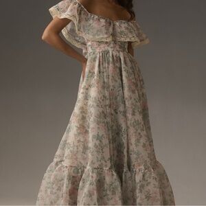 Selkie Anthropologie Romance Novel Floral Off-Shoulder Gown - White and Pink